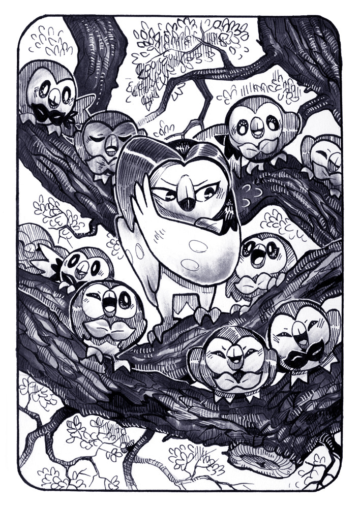 Another inktober drawing! At first I didn’t like Dartrix but I’ll admit the design has grown on me… Here’s one being an embarrassed teen around its many siblings