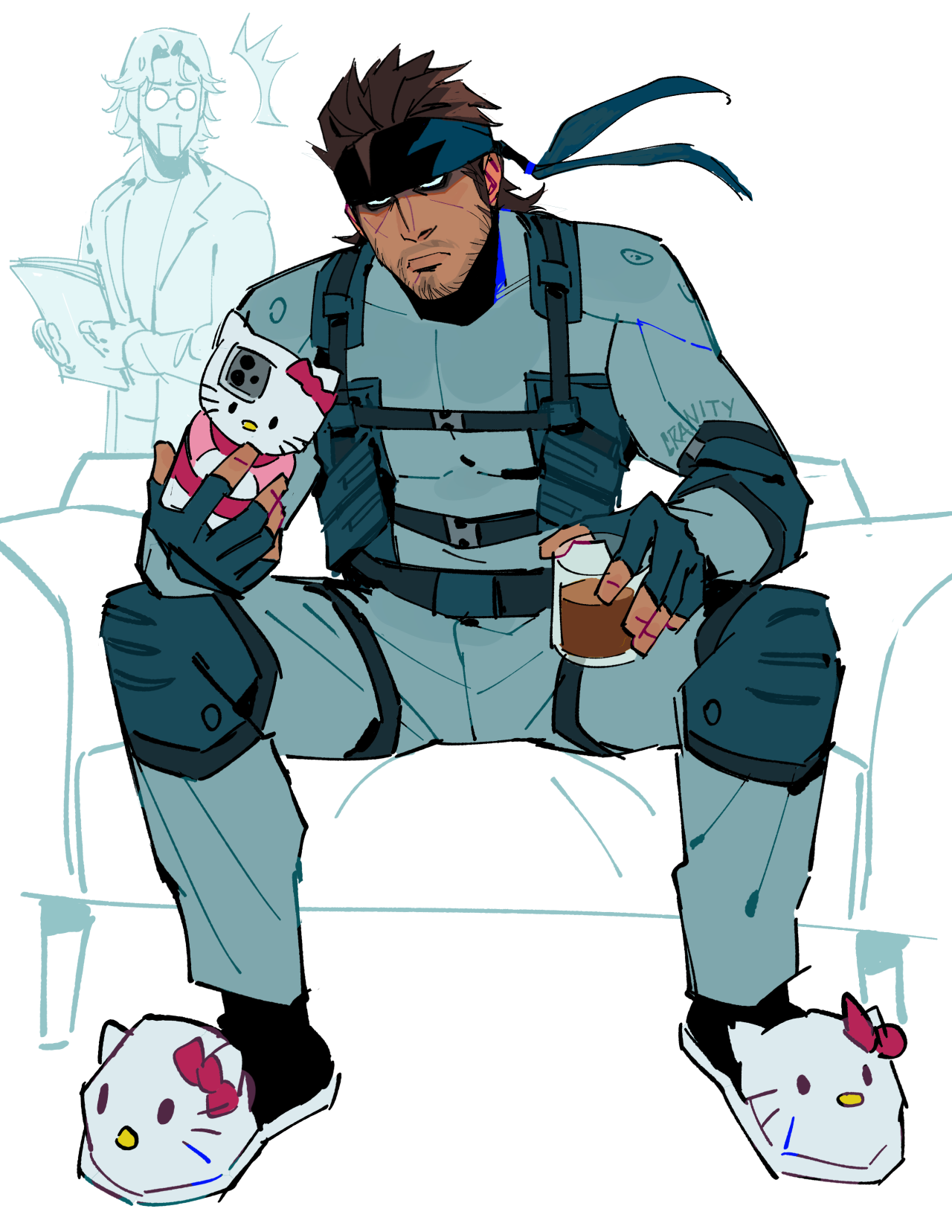 Drawing of Solid Snake from Metal Gear Solid. He is sat on a couch and looks to be taking a selfie with a phone that has a Hello Kitty phone case. His expression is deathly serious, eyes glowering under his bandana and his mouth set to a scowl. Both arms are propped up against his thighs, the hand not holding up the phone instead holding up a old-fashioned glass of alcohol. He's wearing Hello Kitty slippers. In the background Otacon looks at him with surprise and incredulity.