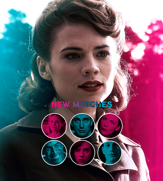 gif 4 of 4. close-up of Peggy. there's text that says, "new matches" and under that, there are six circles with faces in them. her matches are Steve, Natasha, Daniel, Dottie, Jason and Angie. end ID.