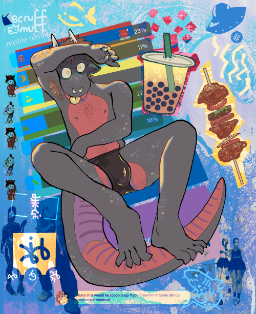 red and black anthro dragon in a swimsuit holding their hand above their head as shade. to the right of them is a cup of boba tea and a meat kabob. below them is a text that says "haha that would be soooo crazy if you drew him in some skimpy square cut swimsuit".