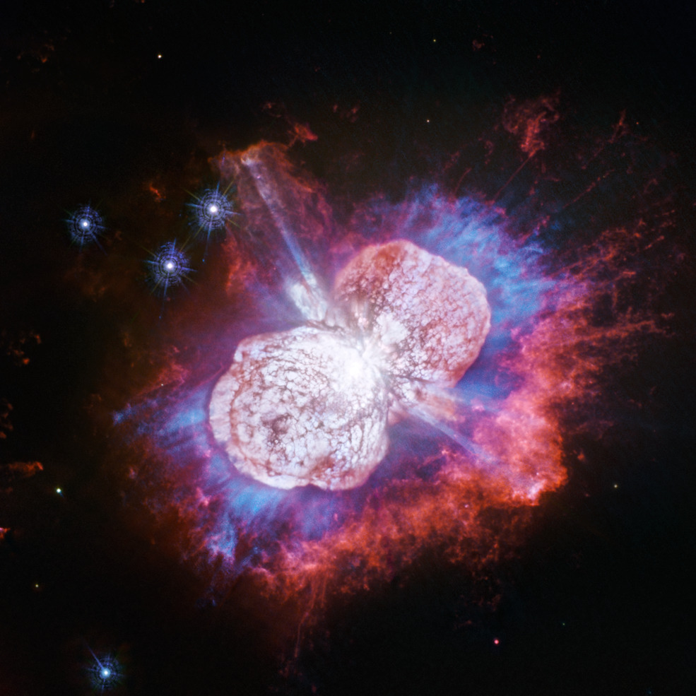 Pew! Pew! Pew!
Imagine slow-motion fireworks that started exploding 170 years ago and are still continuing. This type of firework is not launched into Earth’s atmosphere, but rather into space by a doomed super-massive star, called Eta Carinae.
Enjoy...