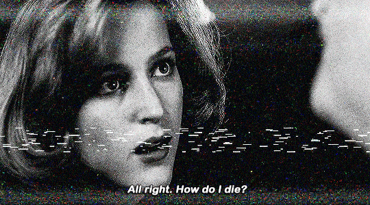 gif 8 of 14. Scully asks Bruckman when she's going to die. "you don't", he simply says. the gif is in black and white.