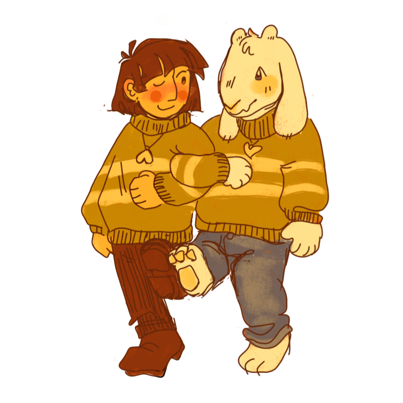fanart in warm tones of asriel and chara from undertale walking in sync, arm in arm.