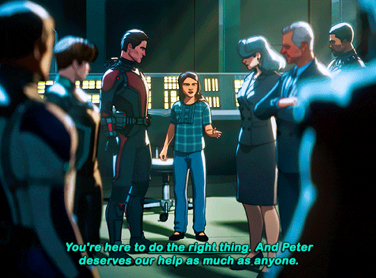 gif 6 of 7. "you're here to do the right thing. and Peter deserves our help as much as anyone", she continues. the sentence "do the right thing" is underlined.