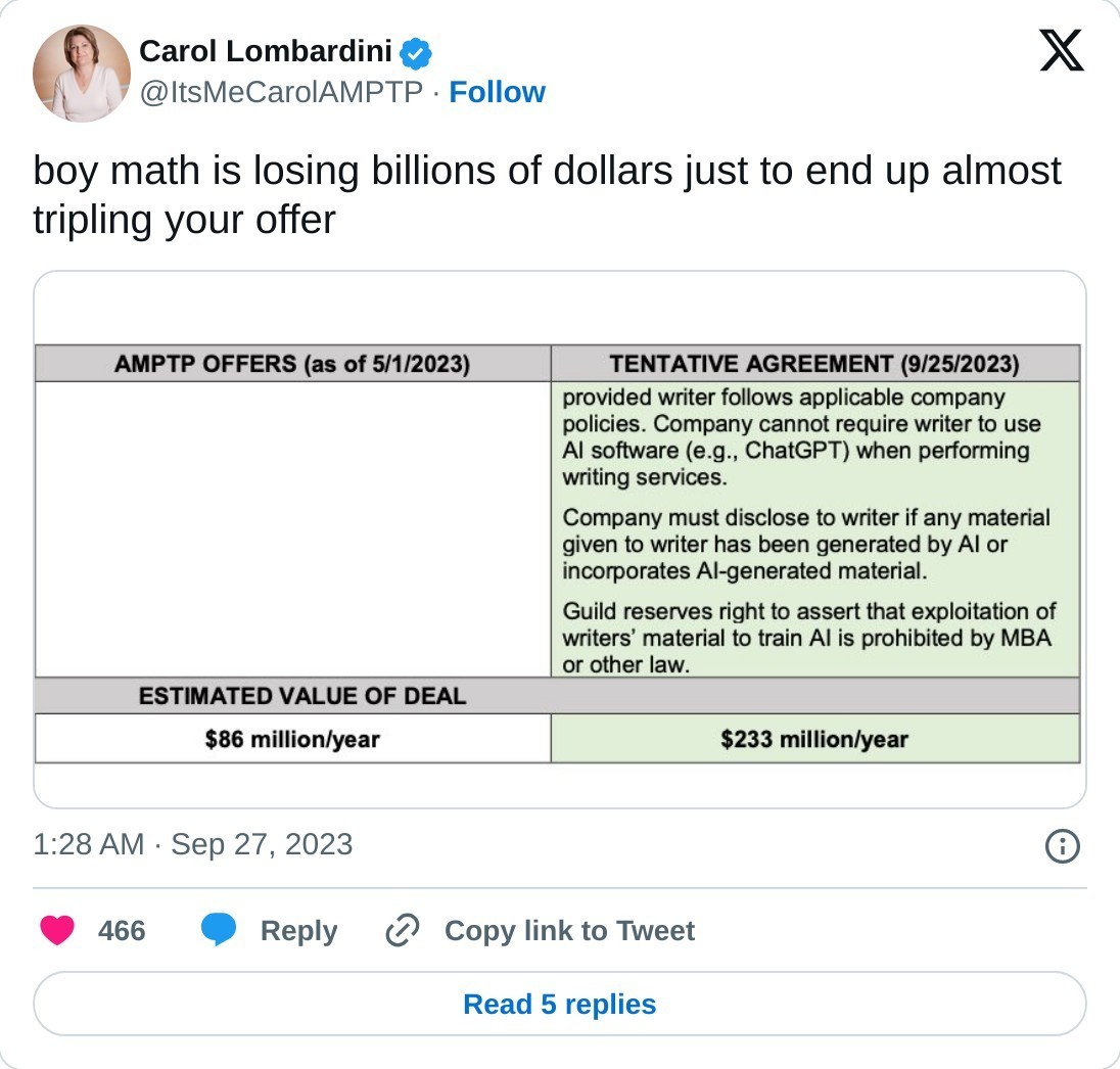 boy math is losing billions of dollars just to end up almost tripling your offer pic.twitter.com/F6ebfkppVA  — Carol Lombardini (@ItsMeCarolAMPTP) September 27, 2023