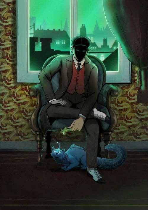 A shadowy human figure sitting in an arm chair. Their face is hidden in shadows. They are dressed in a Victorian style jacket, wasitcoat and trousers. One leg is crossed, ankle resting on the other knee. Under their chair is a lamp-cat: a greenish cat with an angler fish bobble. There is a window behind them showing a cityscape. The wall of their room have red and gold wallpaper with a lizard pattern.