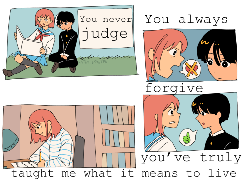 A series of memories between Emi and Mob. In the first, Emi and Mob are out on an open field. Emi is reading from her book and Mob looks over her shoulder. The text reads “You never judge.” The next panel is grouped together. They both show close ups of Mob and Emi. In the top image, Emi tells Mob that she never loved him and that she asked him out for a bet. In the bottom image, Mob tells Emi that is fine. The text reads, “You always. Forgive. You’ve truly taught me what it means to live.” In the last panel, Emi is in her room sat over at her desk, dressed in a white and blue striped shirt, writing.