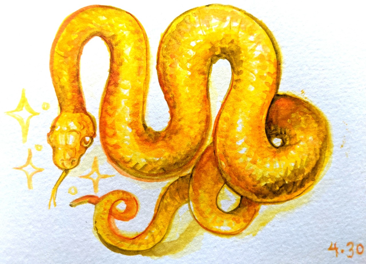 watercolor painting of a shiny gold snake