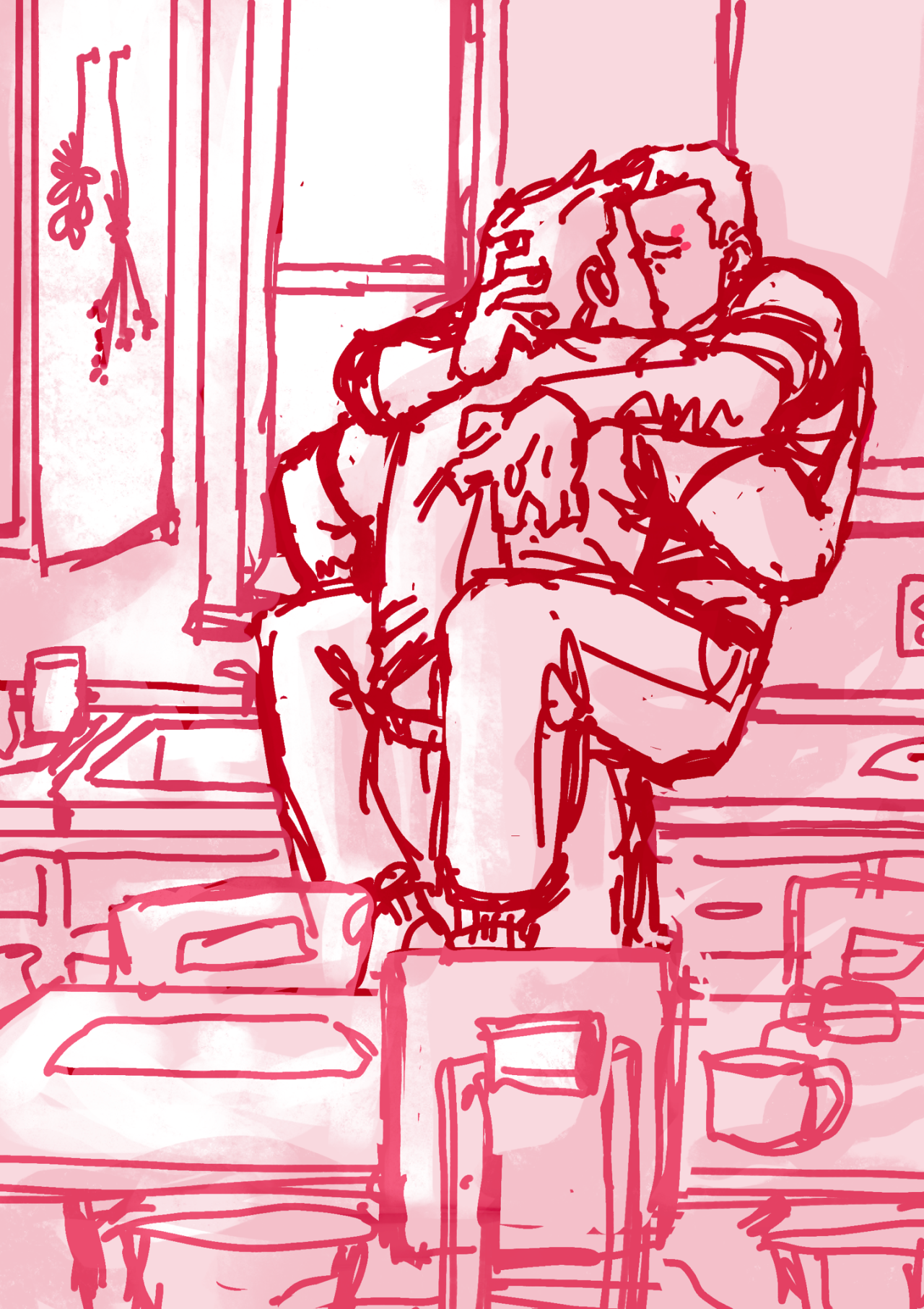 a slightly tighter sketch, drawn by tumblr used @iinryer, for the same final drawing of eddie kissing buck in the kitchen while buck is sitting on the counter. it is still unrefined, but the shapes are becoming clearer