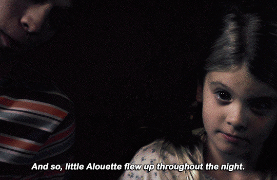 gif 4 of 6. "and so, little Alouette flew up throughout the night", he finishes.