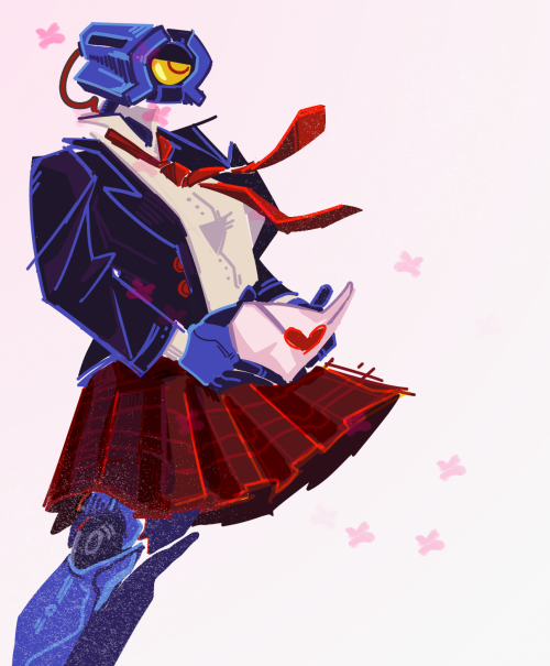Digital drawing of Mirage from Ultrakill. She is holding a letter with a heart-shaped seal in both hands and looking away from the viewer. Her skirt and tie flutter in the wind.