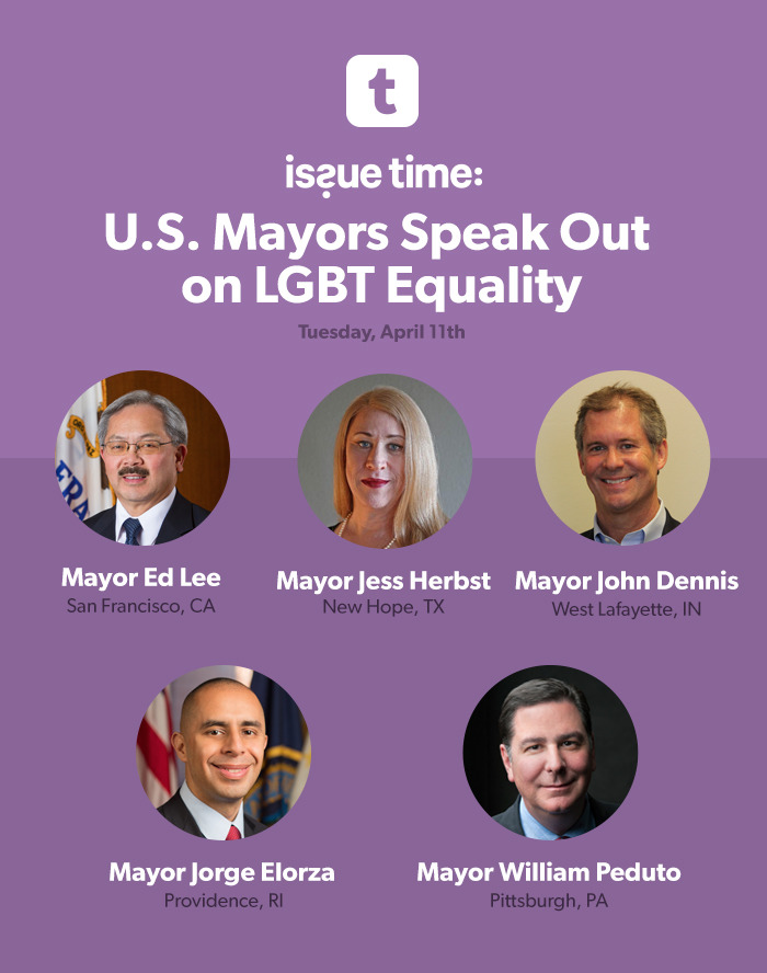 One of the key battlegrounds in the fight for LGBT rights is the local political arena.
This week, five Mayors from across the United States join us for a Tumblr Issue Time to answer your questions on the ways that they’re promoting and protecting...