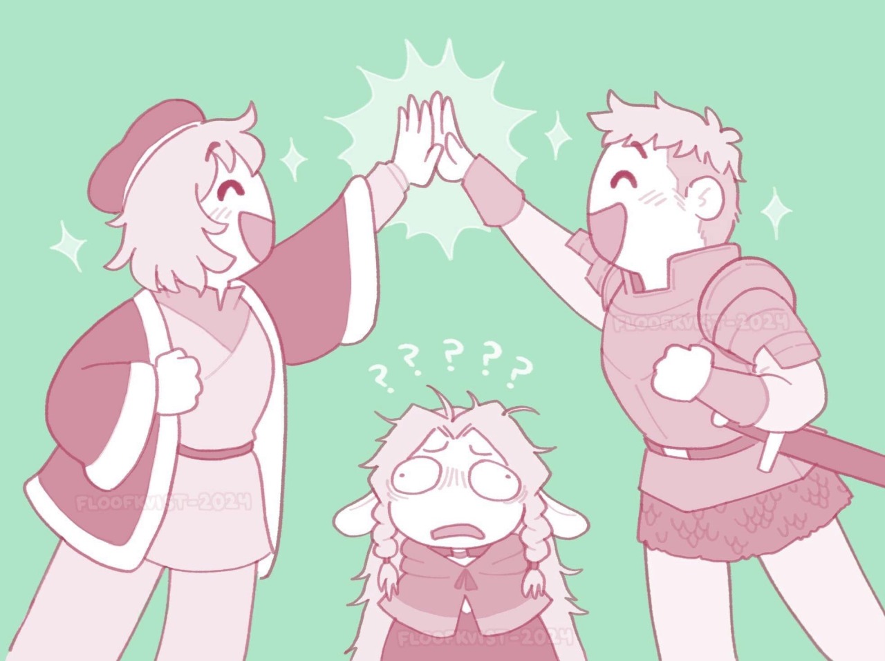 the siblings high-five over marcille, who has become cross-eyed in confusion, several question marks appearing over her head