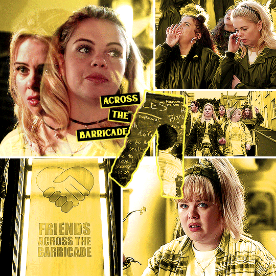 A Derry Girls gifset. Each gif is made up of six separate gifs; four single gifs, one blended gif, and a single gif inside a shape outline. Gif 1 of 6. All gifs are from episode 201 and the whole gif is coloured yellow. In clock-wise order: a gif of Erin and Michelle at the base of the cliff, Erin looking embarrassed while Michelle calls up to Clare; a gif of the girls all walking down the street to go to the peace initiative weekend ; a gif of Clare answering Aunt Sarah at the kitchen table; a gif of the "Friends Across The Barricade" poster; and a blended gif of Erin, a shot of her telling off Jenny Joyce for tattling on their party and a shot of her smiling at her Protestant partner after writing "parents" on the similarities board . In the middle of the gif, in the shape of a pair of trousers, is a gif of Jenny Joyce writing on the differences board. In yellow text over black boxes to the left of the trousers is the words "Across The Barricade".