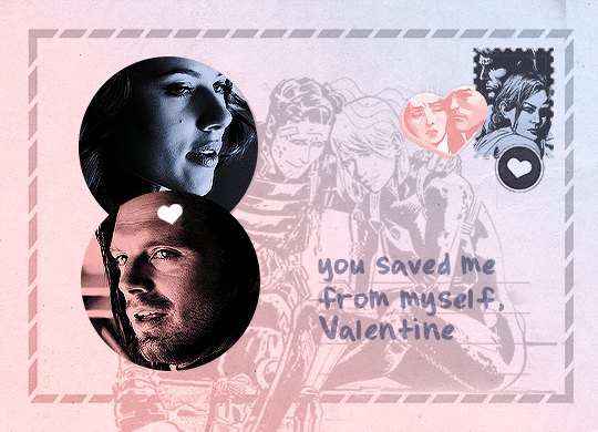 gif 2 of 5. in the top circle, there's a small blue gif of Natasha smiling at Bucky. in the bottom circle, there's a small pink of Bucky smiling back.  inside the stamps, there are comic panels of them being a couple. in the background, there is an illustration of Bucky and Natasha recovering together from a battle. the postcard's message is "you saved me from myself".