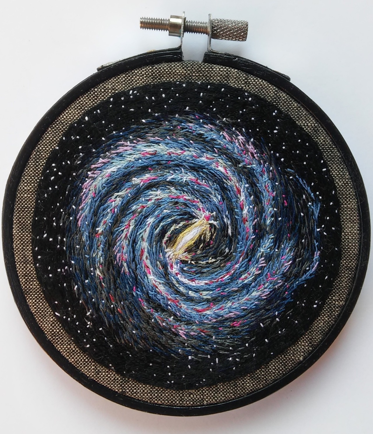 This image shows an illustration of the Milky Way Galaxy. The round frame is black and circular. As you move inward, a white dotted pattern appears. Continuing to the center, a black background appears with white dots showing stars.  Five rings appear in a circular motion colored in threads of blue white and red. The center of the Milky Way Galaxy is white and oval shaped. Credit: Darci Lenker/Darci Lenker Art