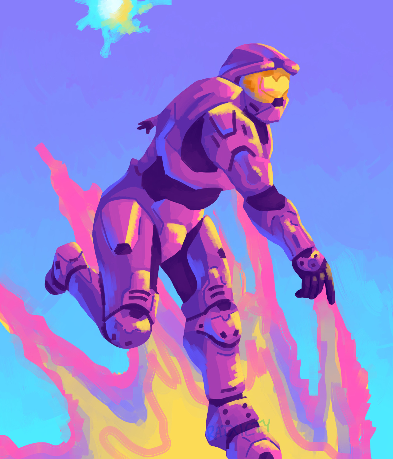 A brightly colored digital painting of Donut from the popular web series Red vs Blue. He is throwing a plasma grenade and has a heart on his visor. The color palette is pink, blue and yellow and there's a flame on the background.