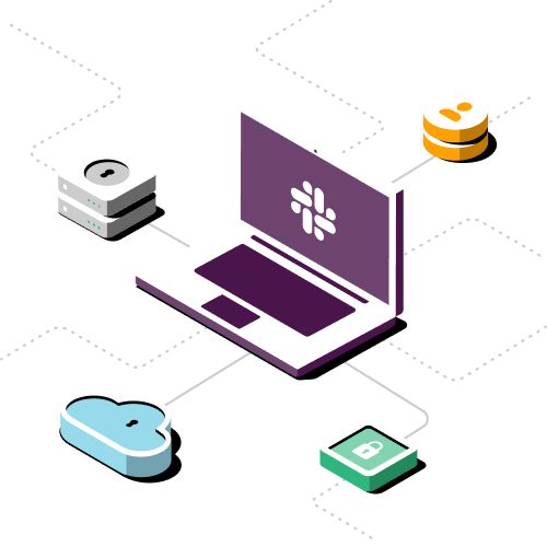 Slack for Security illustration of a laptop branching out to four different icons.