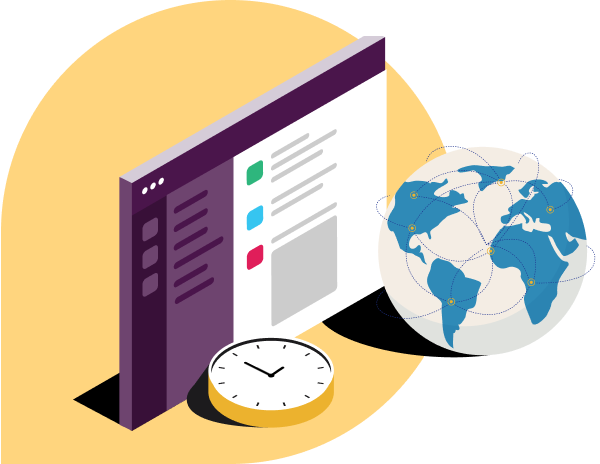 Um workspace Slack, um relógio e um globo ilustrando usuários em todo o mundo