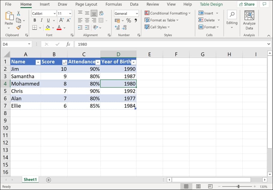 An example of an Excel table