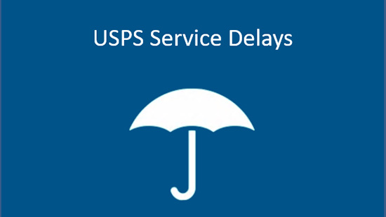 Travelers umbrella logo on a blue background with text "USPS Service Delays" above.