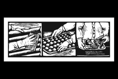 A black-and-white illustration of three factory scenes. Each scene shows a pair of hands at work. Left: scrubbing metal; middle: carrying a tray of candy; right: packaging meat.