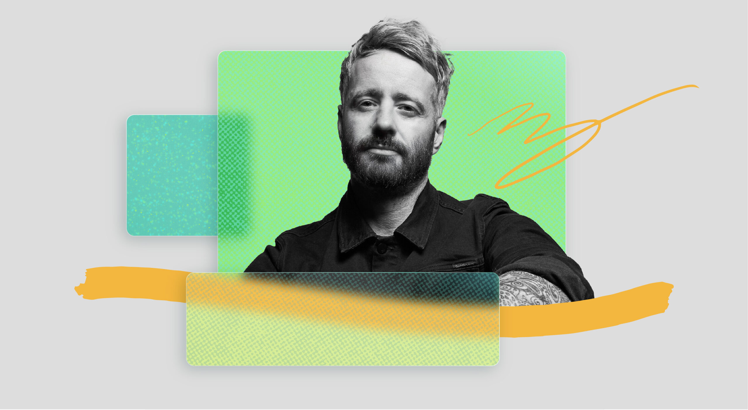 A photograph of James Thomas, the global head of technology at Dentsu Creative, on a colorful treated background