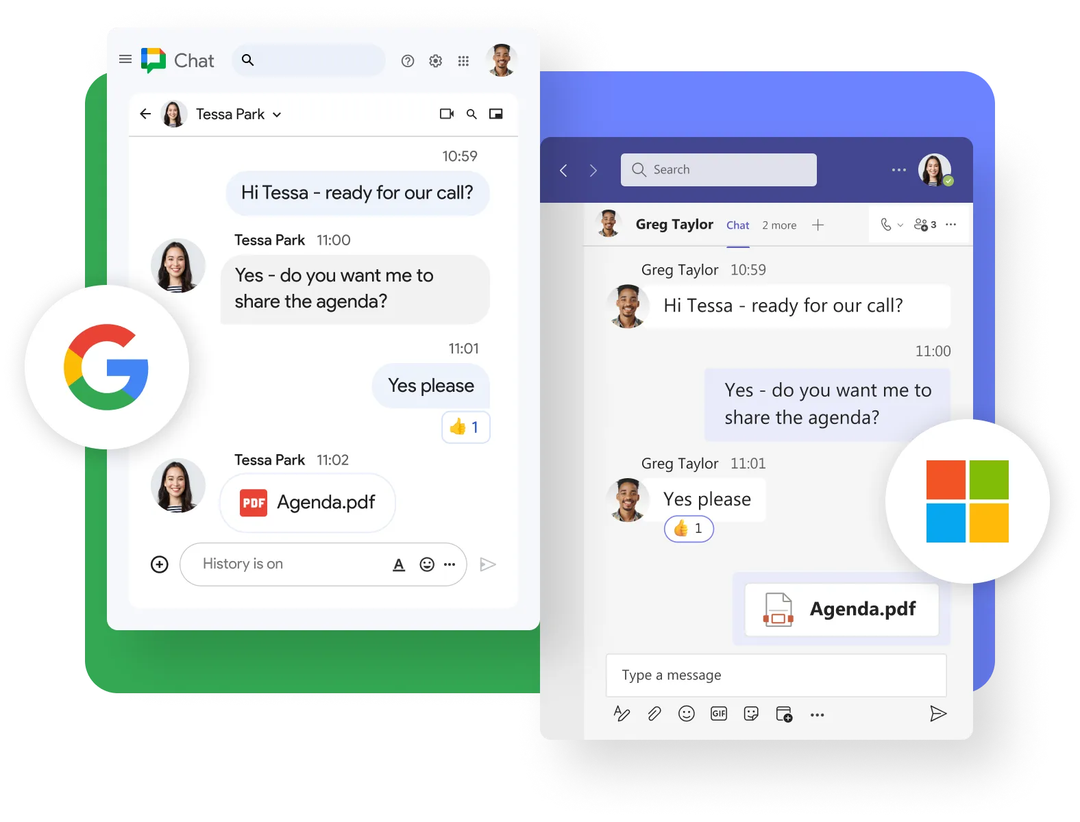 A conversation happening between a Google Chat window and a Microsoft Teams window 