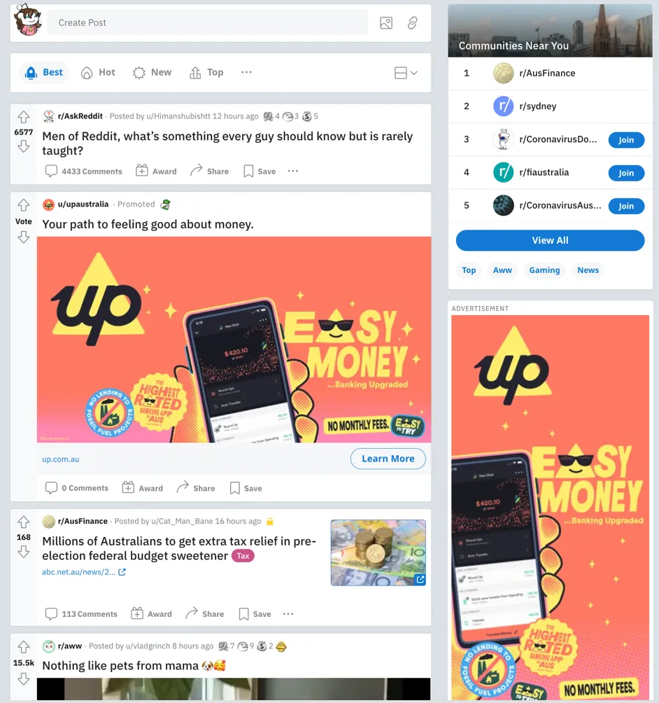 an example of a front page take over ad package on reddit