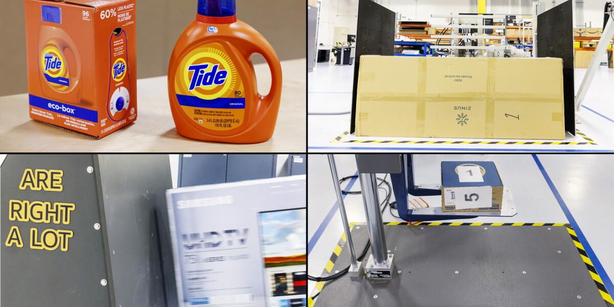 A split image with four photos. One shows two variations of a Tide detergent bottle and box, the other shows a large machine with metal plates squeezing a large, rectangular box, the other shows a large TV box slamming against a wall, the other shows a small, forklike machine holding a small box up in the air. 