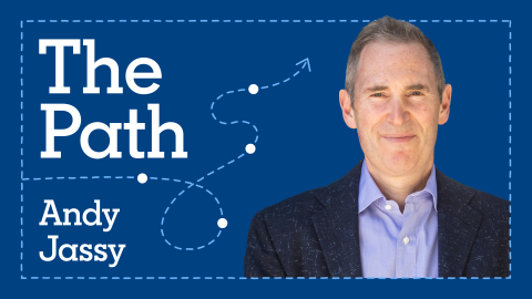 An image of Andy Jassy on a blue background and text that reads "The Path, Andy Jassy."