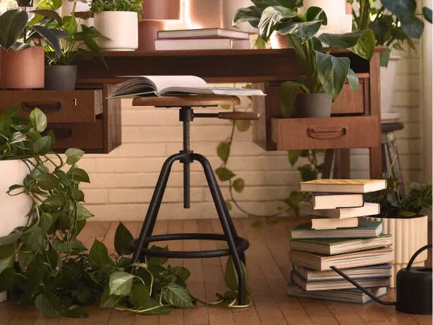 A desk overflowing with books and plants.