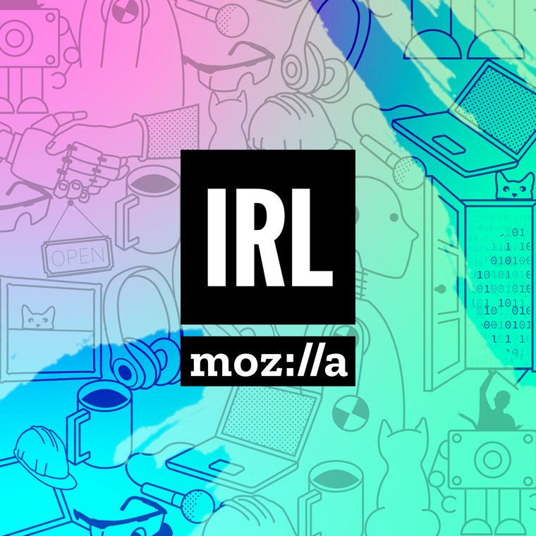 IRL podcast season illustration which has the Mozilla and IRL logos centered above small illustrations including coffee mugs, laptops, crash test dummies, and headphones.