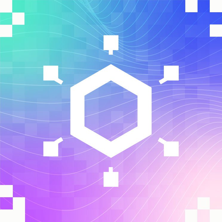Hexagon in the center with little squares around it, symbolizing decentralization