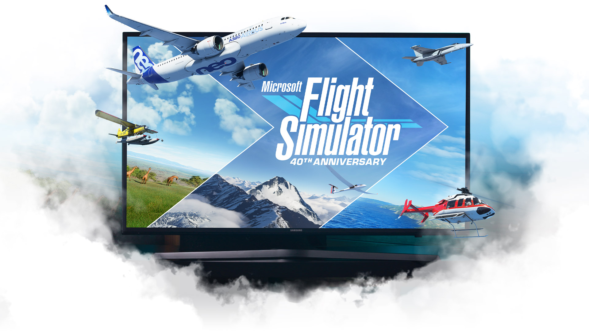 Microsoft Flight Simulator planes emerging from a TV surrounded by clouds