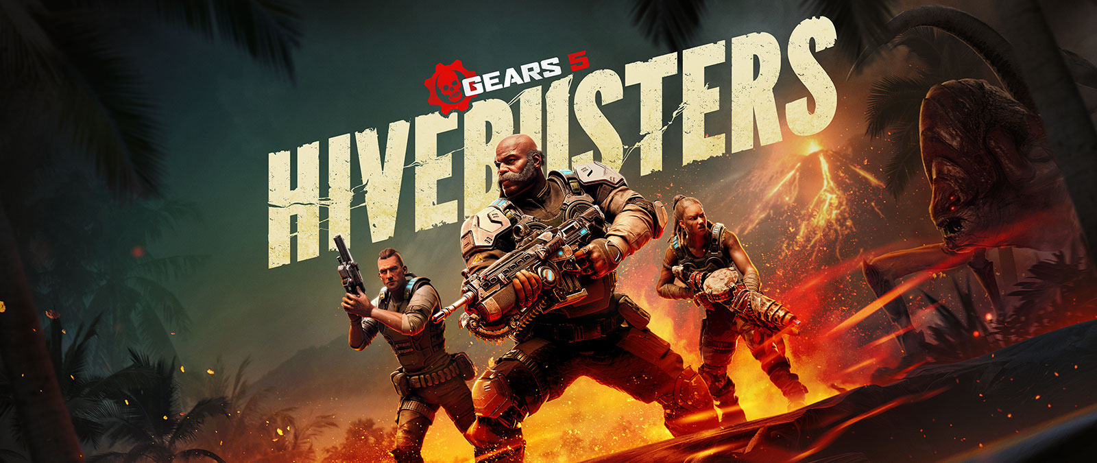 Gears 5 Hivebusters, three characters from Gears 5 with weapons in front of a volcano