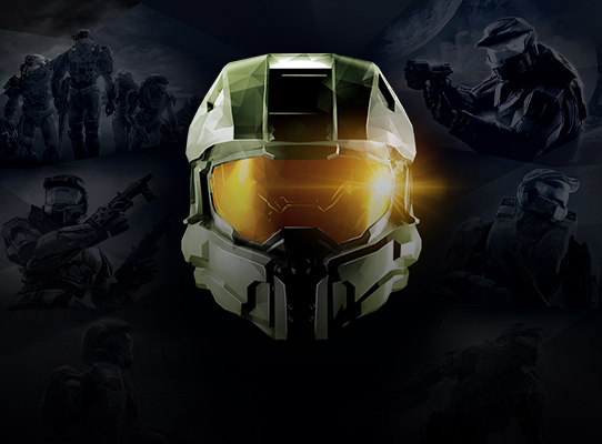 Front view of the Halo Master Chief helmet on a background of battle scenes.