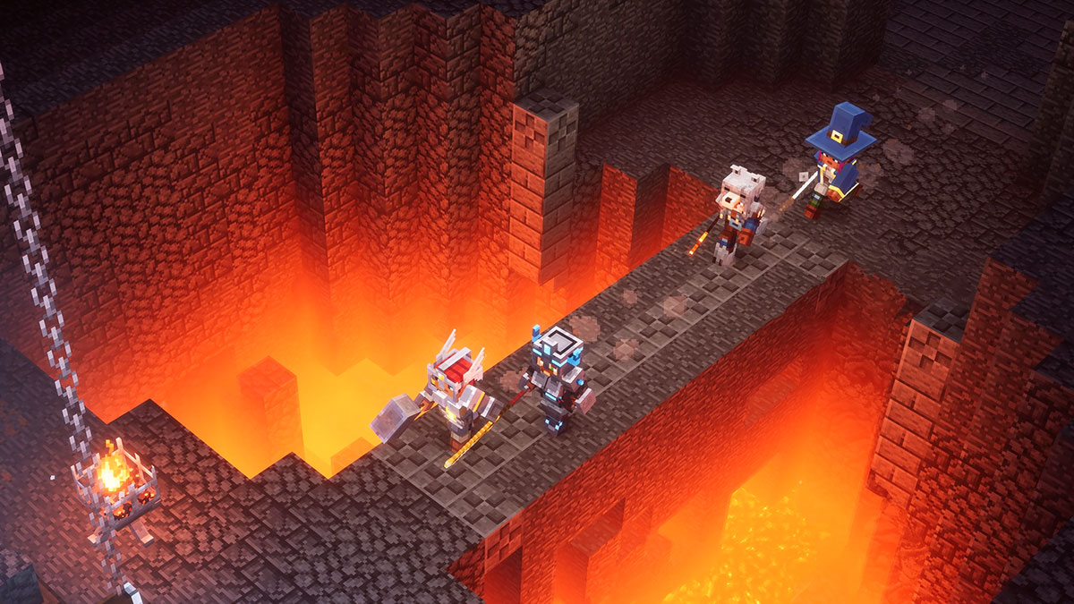 Minecraft Dungeons, an armored adventuring party walks across a bridge.