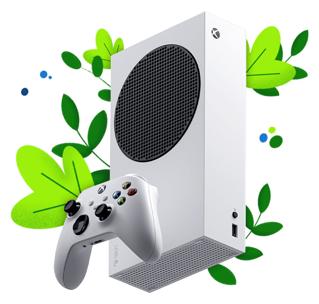 Xbox Series S surrounded by leaves and plants