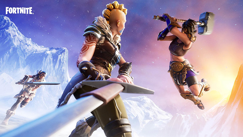 Fortnite, Two characters in hand to hand combat, one swinging a sword and the other swinging a hammer