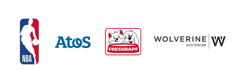 Company logos beginning at the left for the N B A, Atos, Fressnapf, and Wolverine Wordwide.