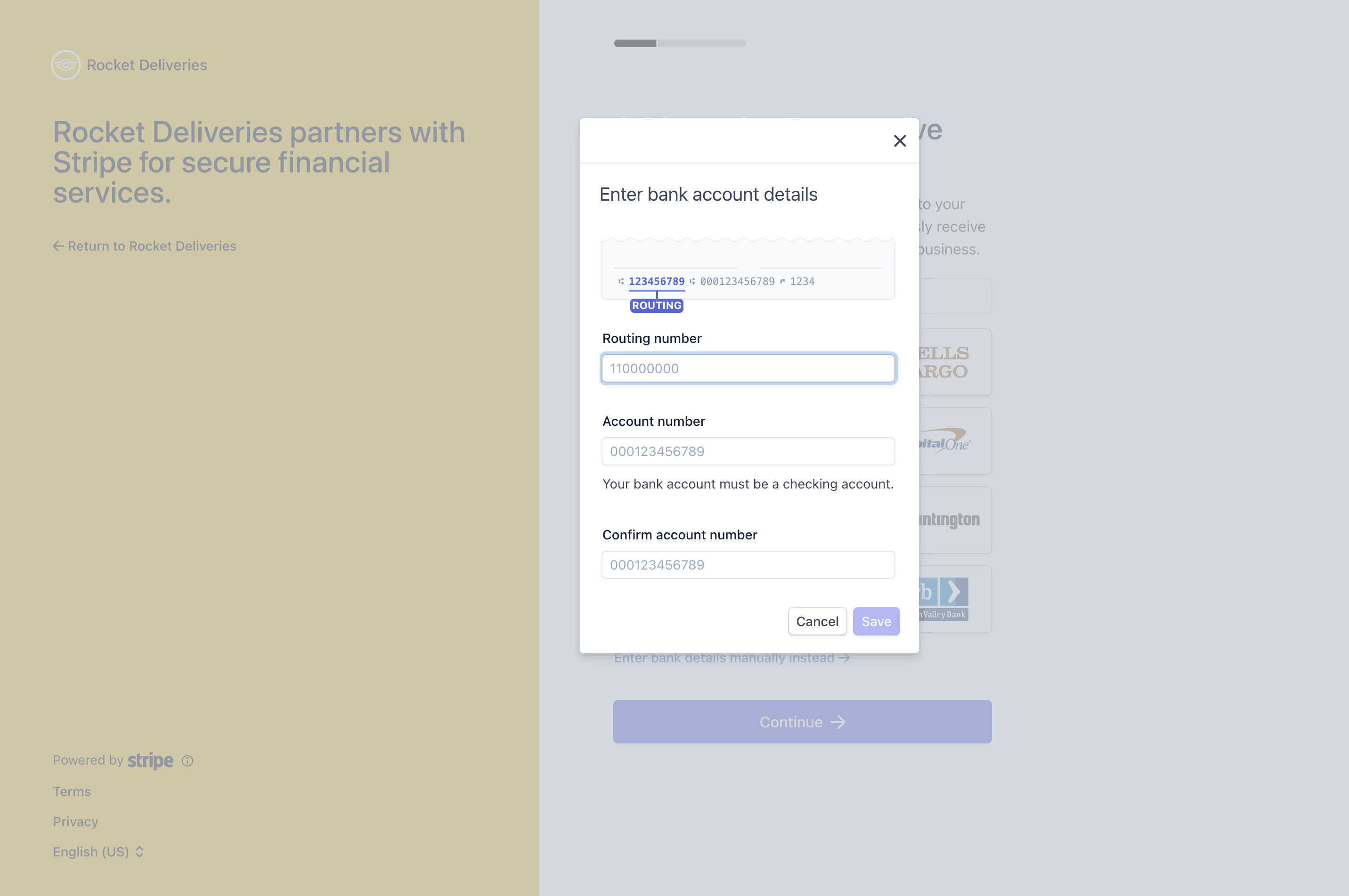 Image showing a Connect onboarding flow using the Stripe Financial Connections modal to collect a payout account using manual entry.
