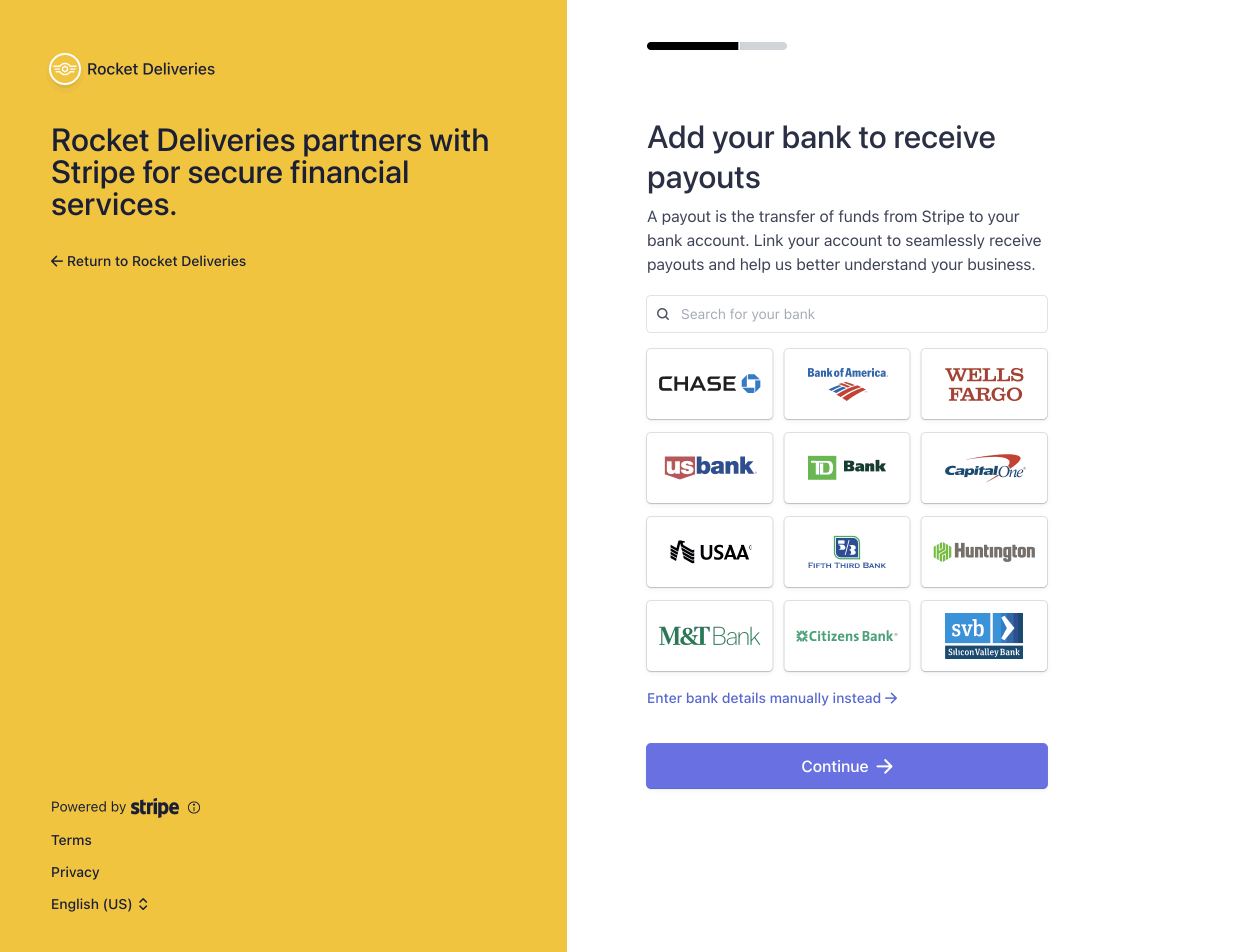 Image showing a Connect onboarding flow using Stripe Financial Connections to collect a payout account.