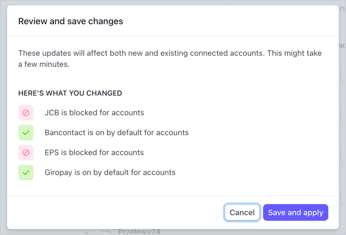 Dialog that shows after clicking Save button with a list of what the user changed