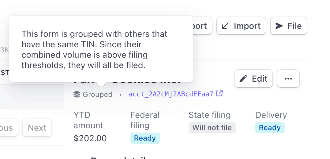 Tooltip showing a message about aggregating forms that use the same TIN