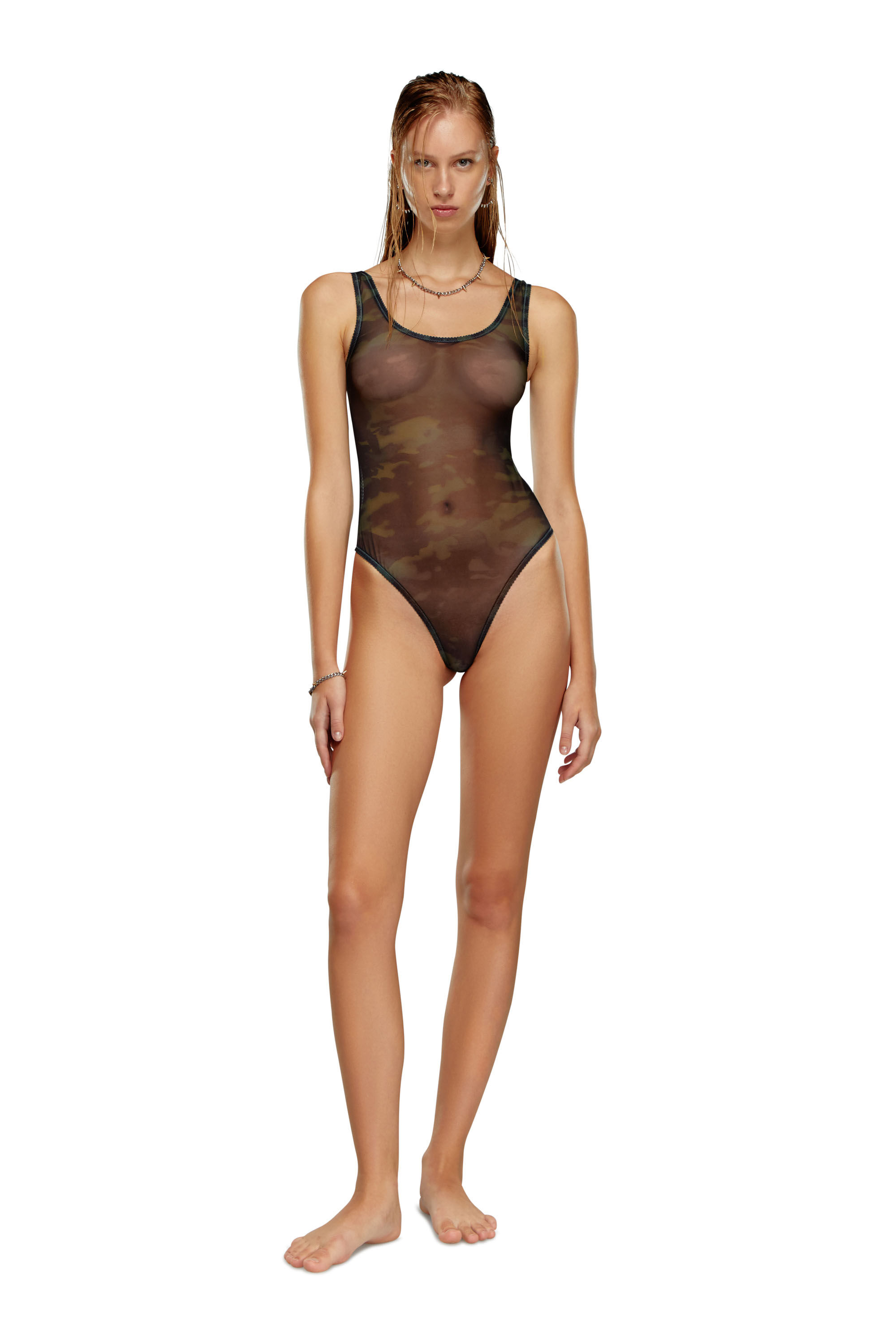 Diesel - UFBY-YOMA, Femme Body string en mesh stretch avec motif camouflage in Noir - Image 1