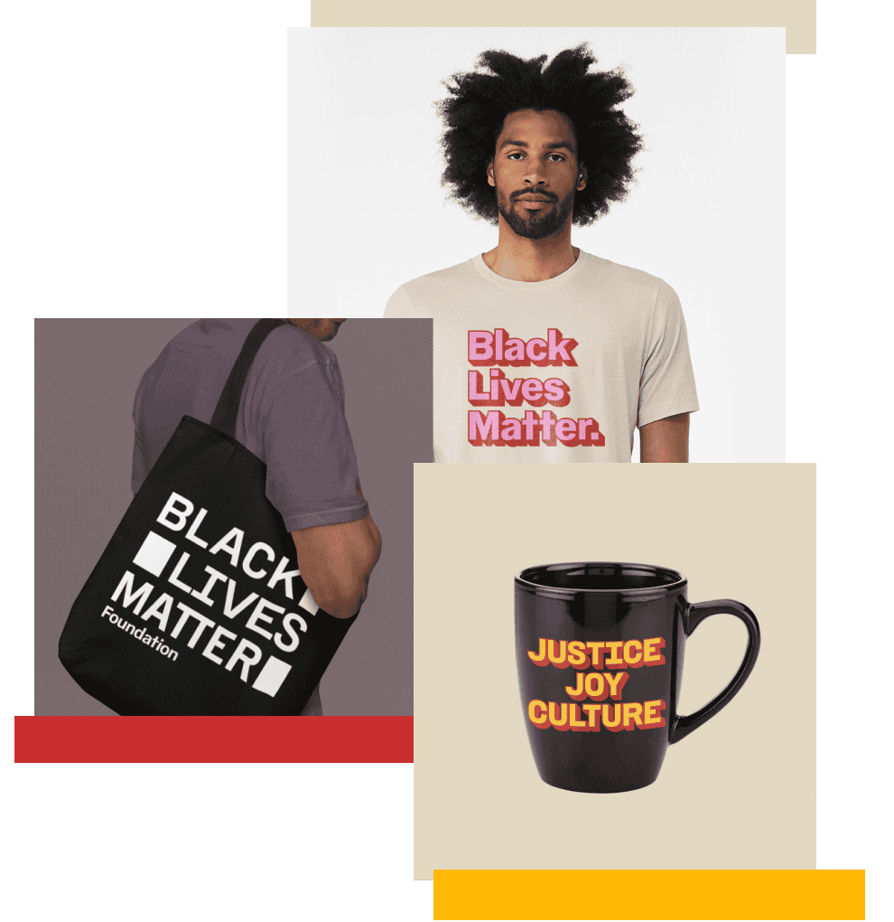 Image collage displaying three merch items: tote bag with logo, mug that reads J"ustice Joy Culture" and a model wearing a tan t-shirt that says "Black Lives Matter."