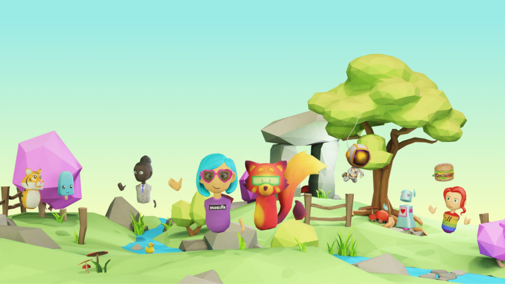 A 3D illustration shows human, animal, food and robotic characters floating in a nature setting.