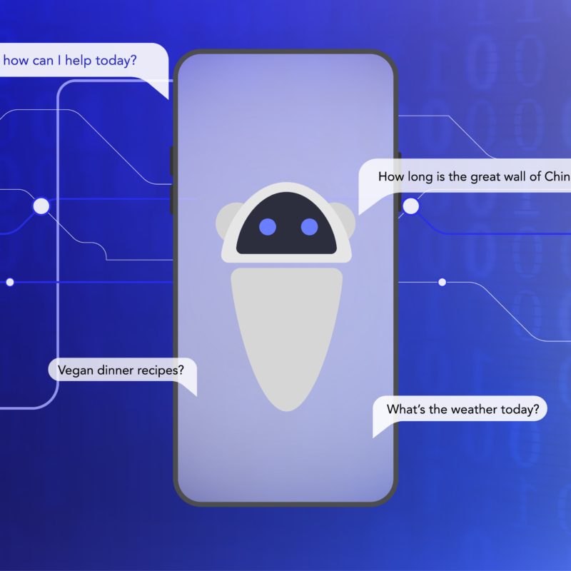 An illustration shows a cellphone with a robot face. Text in pop-up windows read: Hello, how can I help today? Vegan dinner recipes? How long is the great wall of China? What's the weather today?