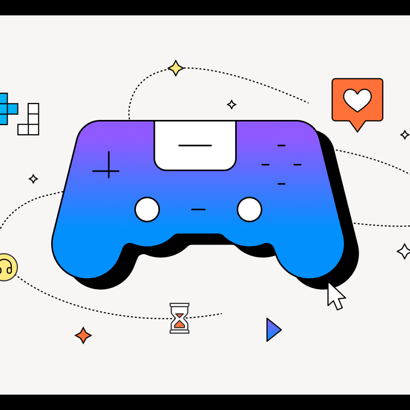 Illustration of a colorful game controller with various icons representing gaming elements, including a heart, music note, hourglass, and puzzle pieces, on a white background.
